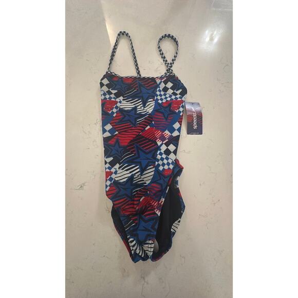 Women's Speedo Printed Double X Back 1Pc Overdrive True Cobalt 38 NWT - Picture 3 of 4